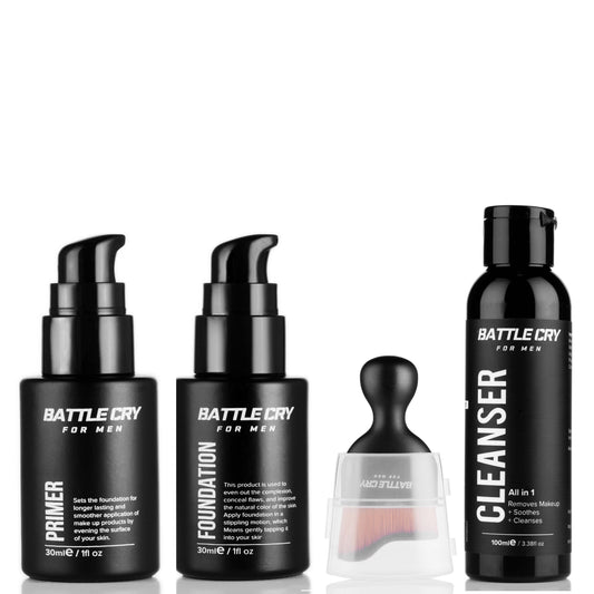 Battlecry For Men makeup kit foundation, primer, cleanser and brush makeup essentials